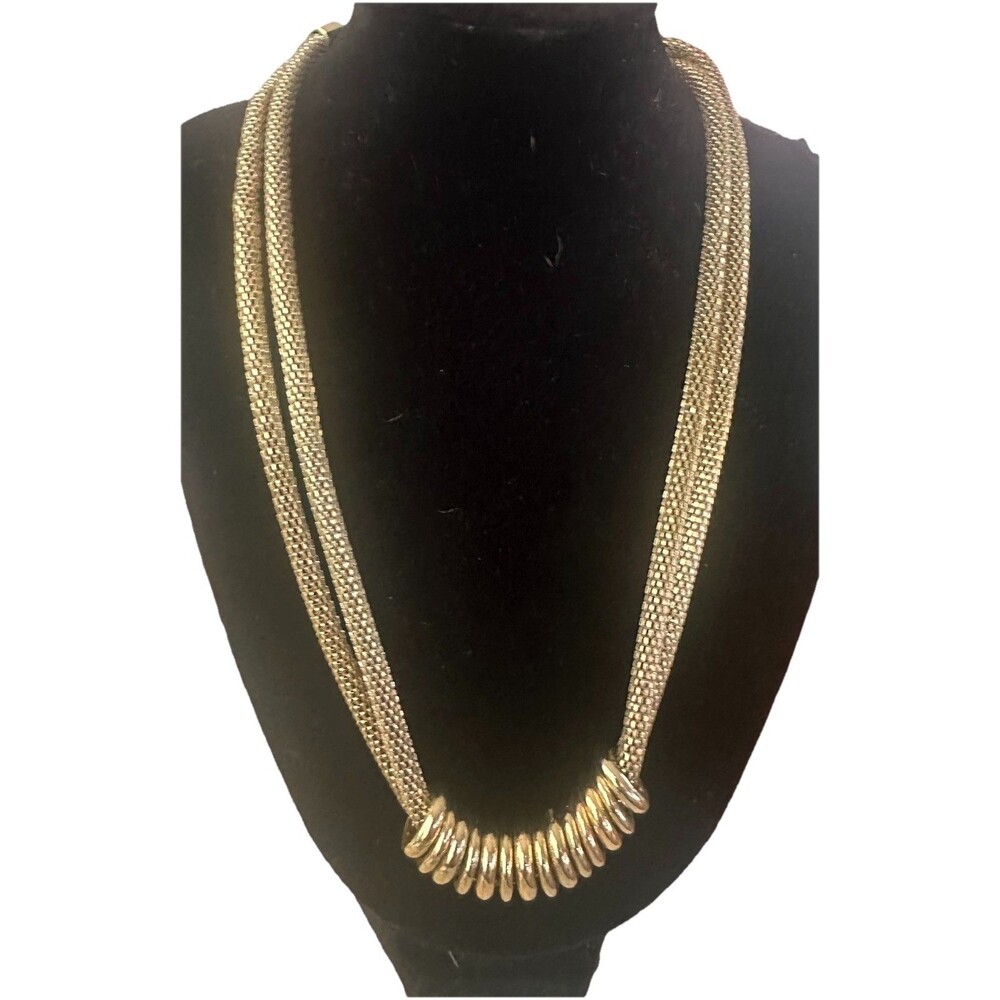 Vintage Gold Tone Multi Strand Mesh Layered Necklace Sliding Ring Statement